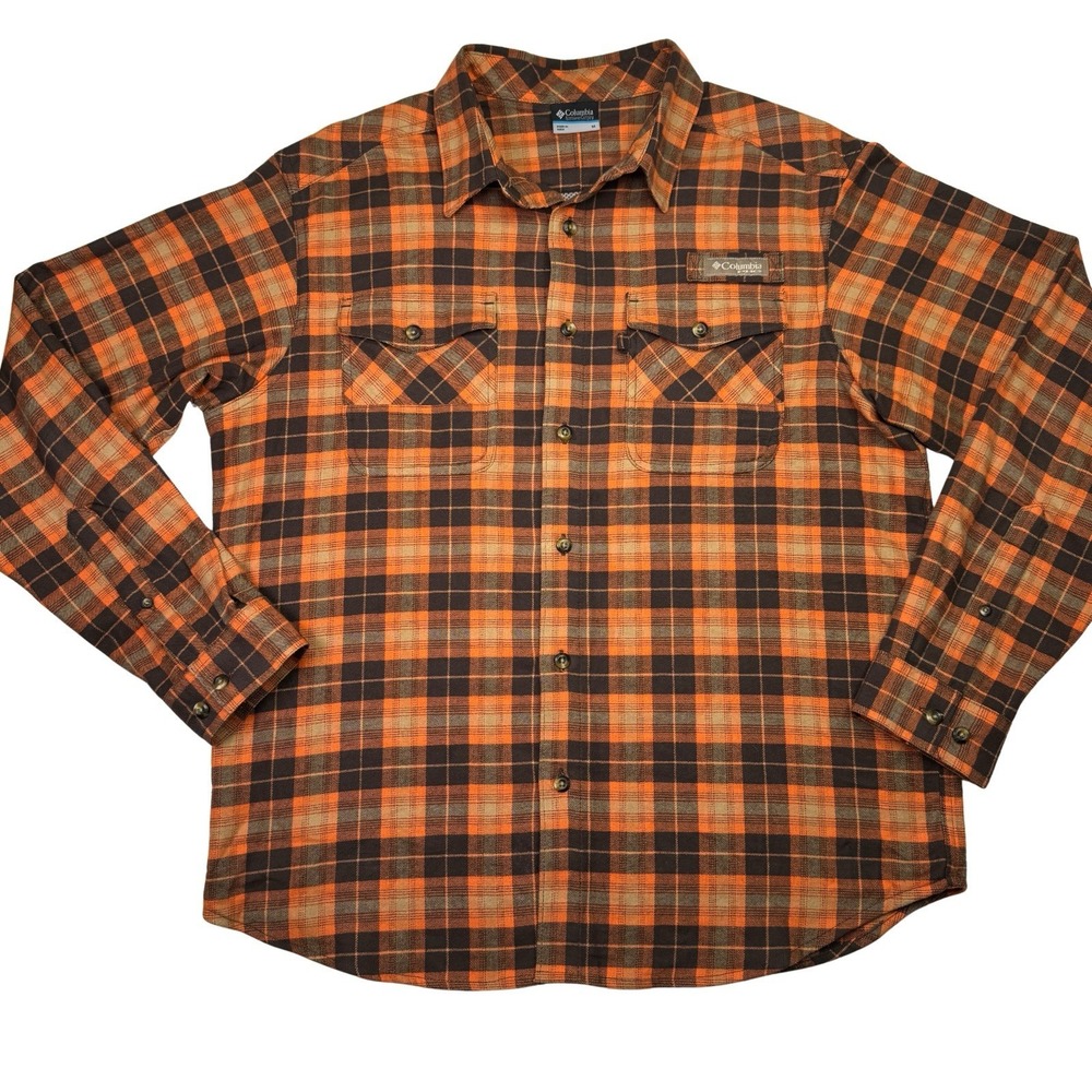 Columbia PHG Roughtail Flannel Shirt Men's M Orange Brown Plaid Hunting Outdoor